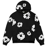 Black hoodie with white floral patterns on a plain background